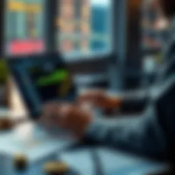 A person analyzing staking rewards on a laptop while keeping track of investments on paper.