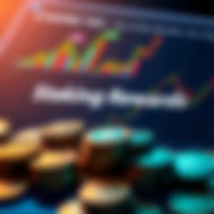 A graphic showing staking rewards and tax implications with charts and coins