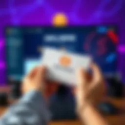 A person holding a paper wallet for staking Solana cryptocurrency, with a computer screen displaying Solana's logo and staking options in the background.