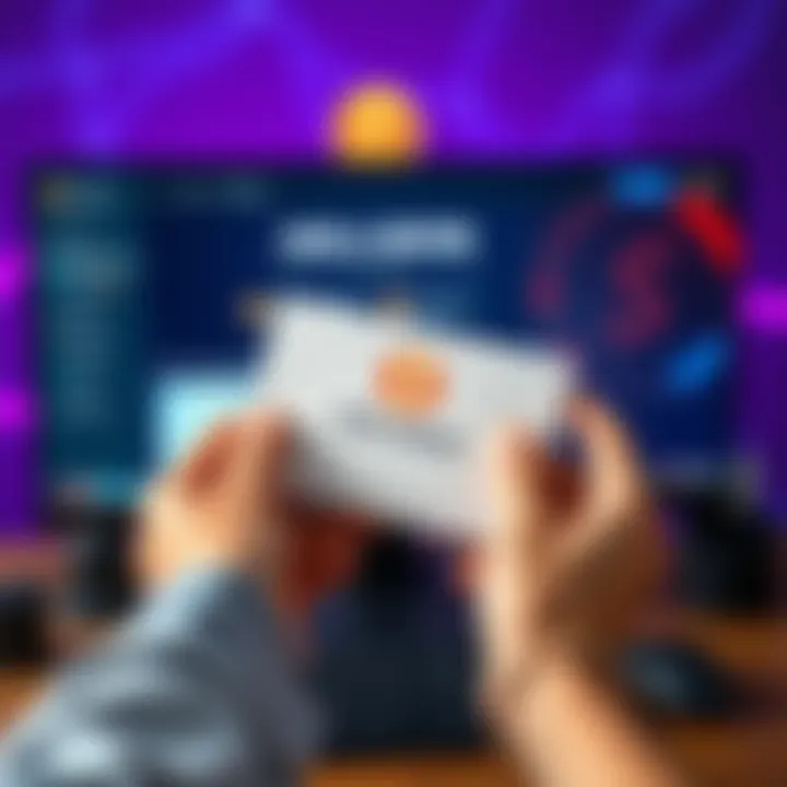 A person holding a paper wallet for staking Solana cryptocurrency, with a computer screen displaying Solana's logo and staking options in the background.