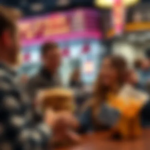 A happy customer using Bitcoin to pay at Steak n' Shake while enjoying a burger and fries