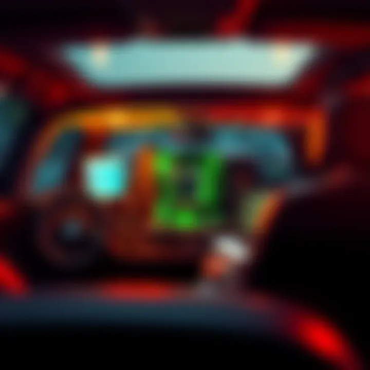 A discreet mining rig set up inside a vehicle, connected to open Wi-Fi, showing cables and a laptop in use.