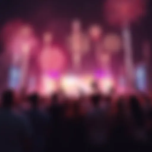 A group of people celebrating the launch of Stellar with banners and fireworks in the background