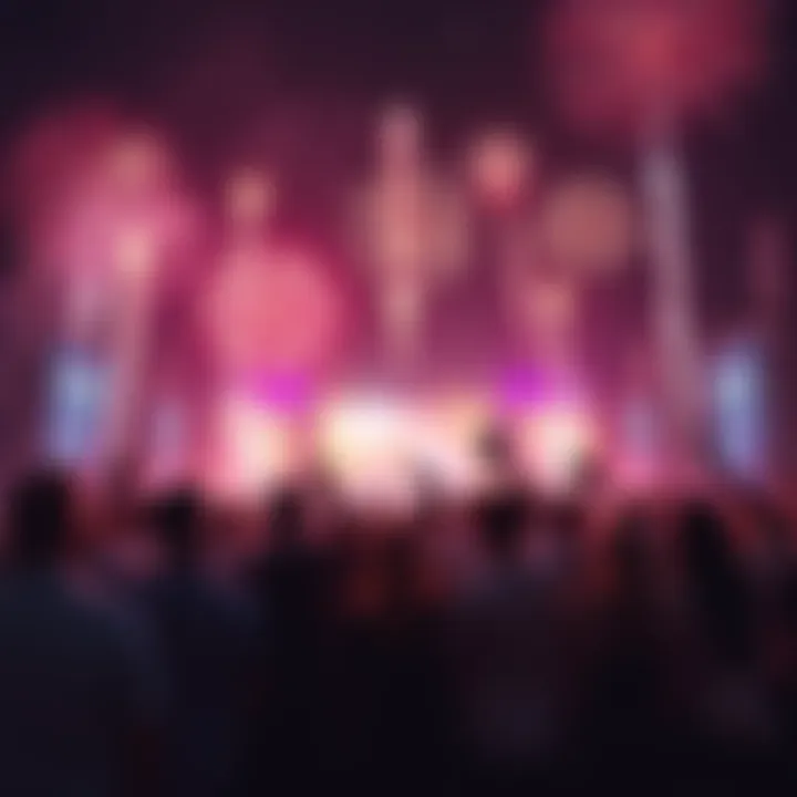 A group of people celebrating the launch of Stellar with banners and fireworks in the background