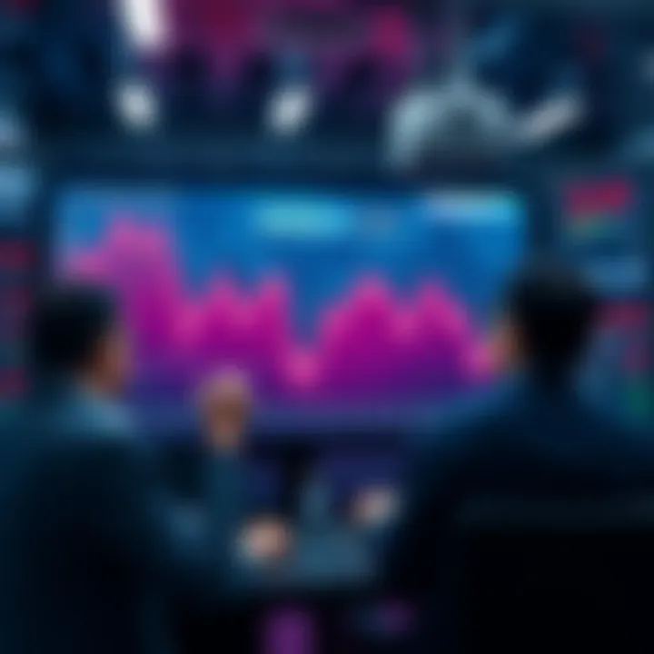 A graph showing a steep decline in stock and cryptocurrency values, with worried investors looking at screens displaying red numbers.