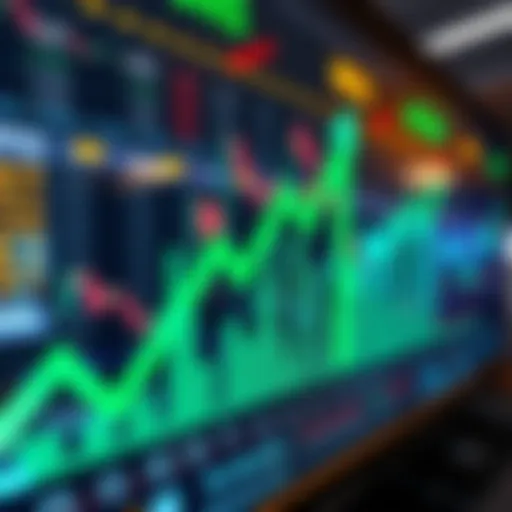 A rising stock market chart with green arrows indicating growth after a downturn.