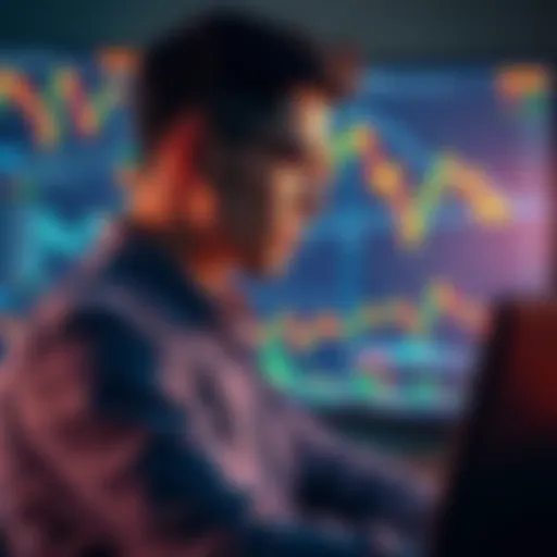 A stock trader analyzing various cryptocurrencies on a computer screen with graphs and charts in the background.