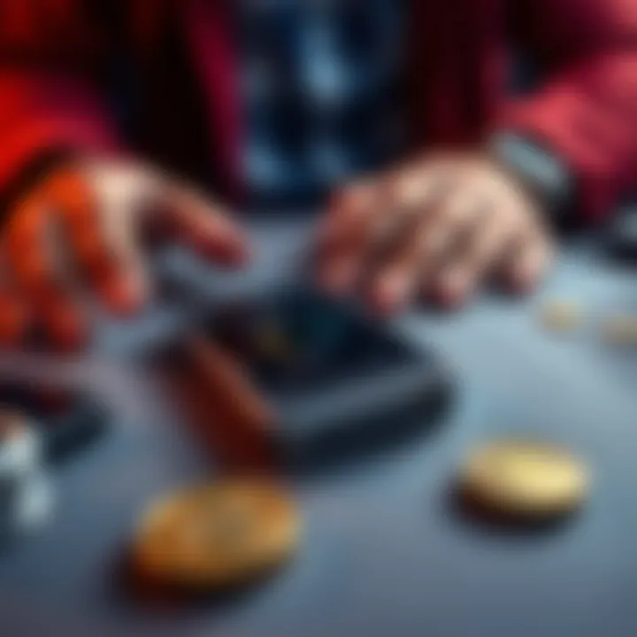 A close-up of a Ledger Nano X on a desk with a worried person's hands nearby.