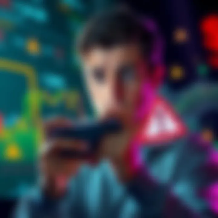 A person looking concerned while holding a smartphone with the Robinhood app open, surrounded by financial charts and warning signs