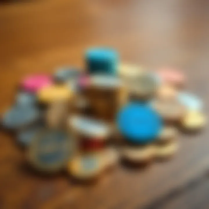 A collection of colorful coins labeled as strange pumpfun coins, some looking shiny while others appear dull, displayed on a wooden table