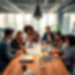 A group of diverse professionals collaborating at a table with charts and laptops, brainstorming innovative ideas in a modern office space.