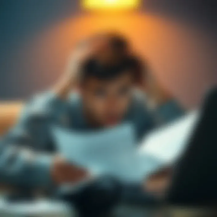 Struggling with Finances A person looking worried while checking bills and investment charts on a laptop