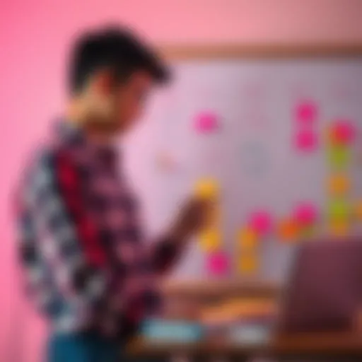 A computer science student writing app ideas on a whiteboard, surrounded by sticky notes and a laptop.