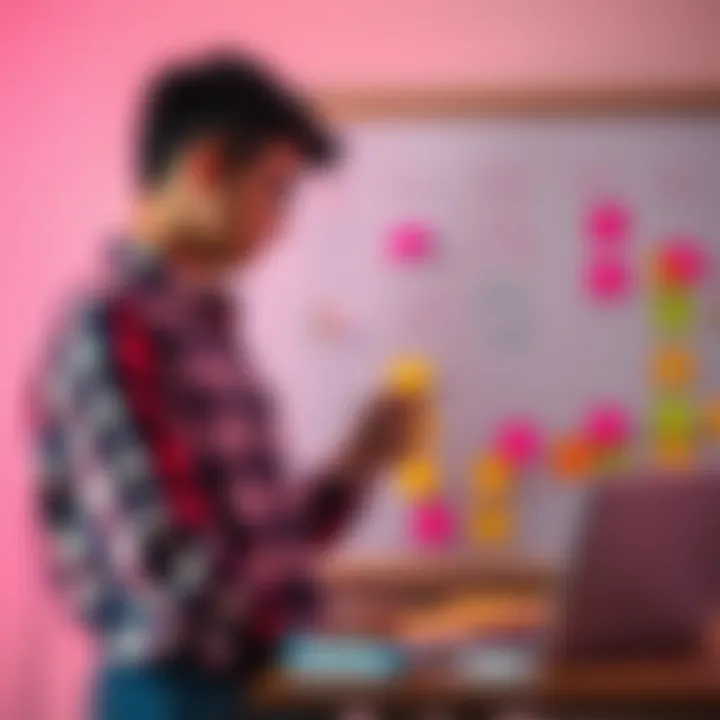 A computer science student writing app ideas on a whiteboard, surrounded by sticky notes and a laptop.