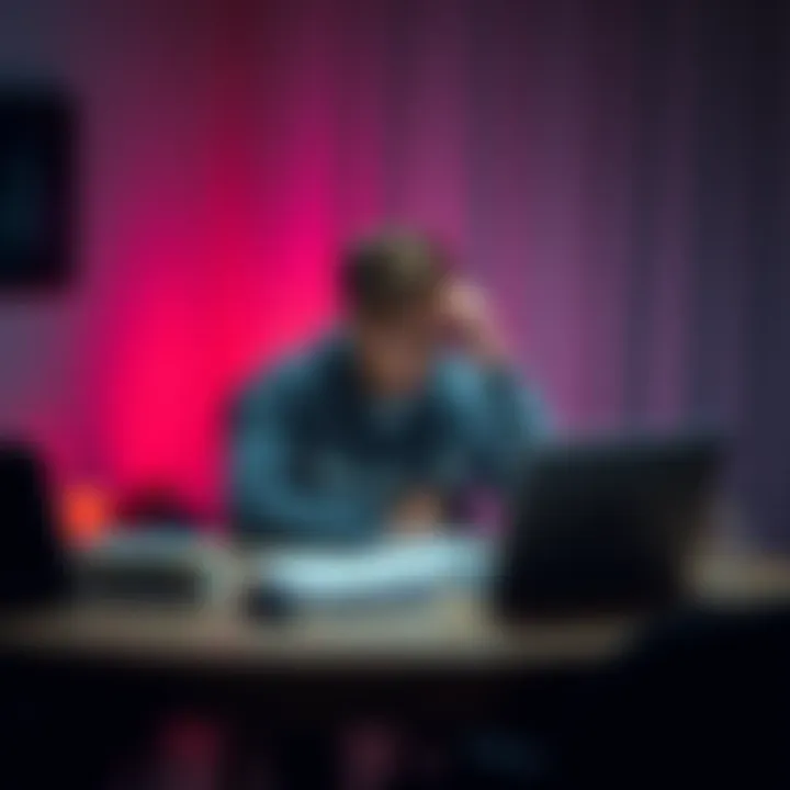 A young student sitting at a desk with papers and a laptop, looking stressed while reviewing financial losses from cryptocurrency investments.