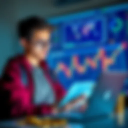 A worried student holding a laptop, looking at cryptocurrency and tax information, surrounded by charts and coins.