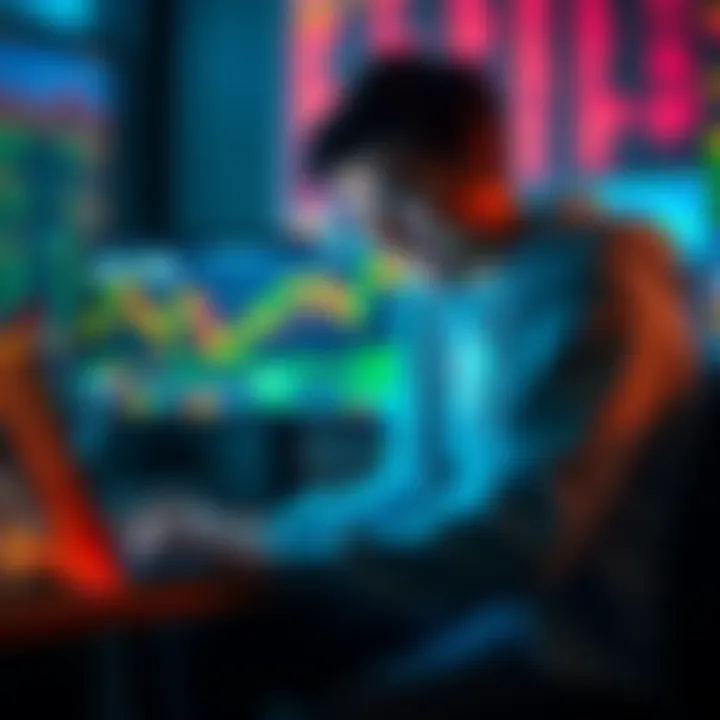 A psychology student analyzing crypto charts on a laptop while smiling, with Ethereum logo on screen.