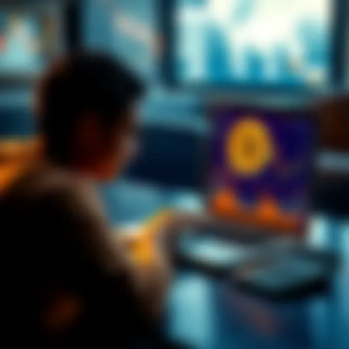 A person contemplating a student loan for purchasing Bitcoin, with a laptop displaying cryptocurrency graphs and a calculator nearby.