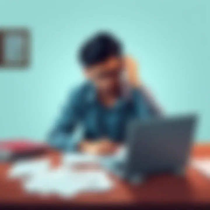 A frustrated student sitting at a desk surrounded by college admission papers and a laptop, looking anxious while checking for results online.