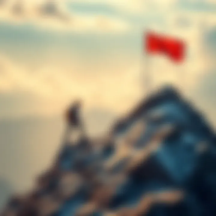 A person climbing a mountain with a flag at the top, symbolizing achievement and success.