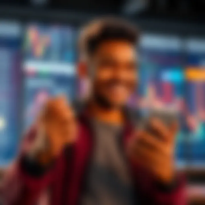 A person smiling while looking at a graph showing a rising trend, holding a phone with trading app open.