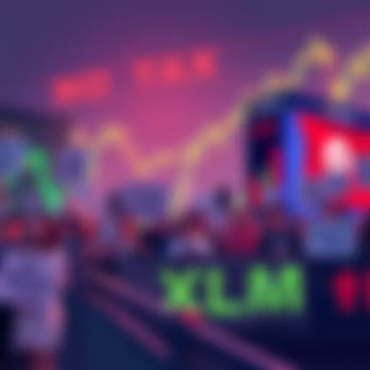 A group of crypto investors rallying for no tax on XLM, holding signs and banners promoting cryptocurrency growth, with bullish charts in the background.