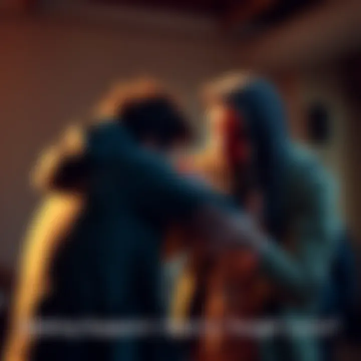 A person receiving a comforting hug while another offers a tough love gesture, representing different forms of support.