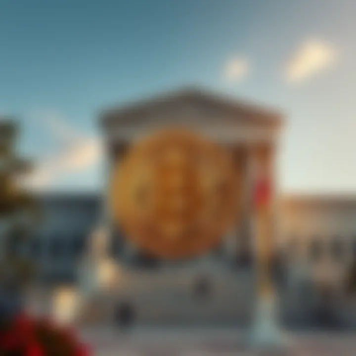 The Supreme Court building in the background with a digital cryptocurrency symbol in the foreground, representing the case involving Coinbase user data and IRS access.