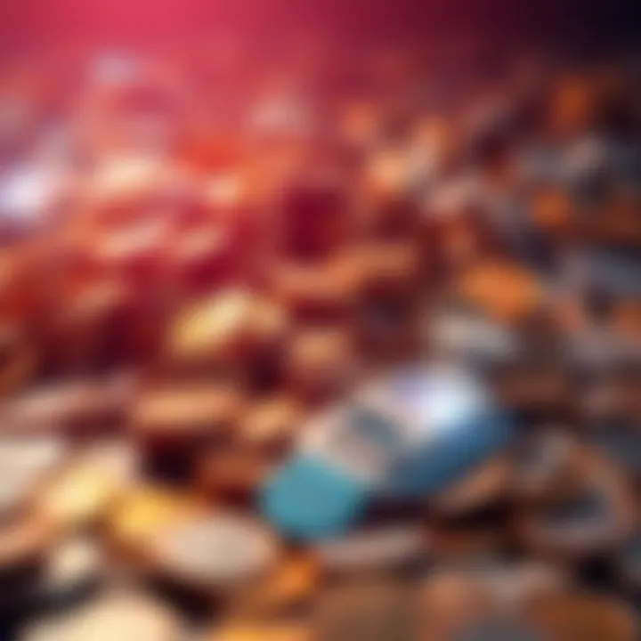 A visual representation showing a large pile of coins symbolizing a market surplus, restricting growth and value, contrasted with a broken contraceptive symbolizing flaws in investment strategies.