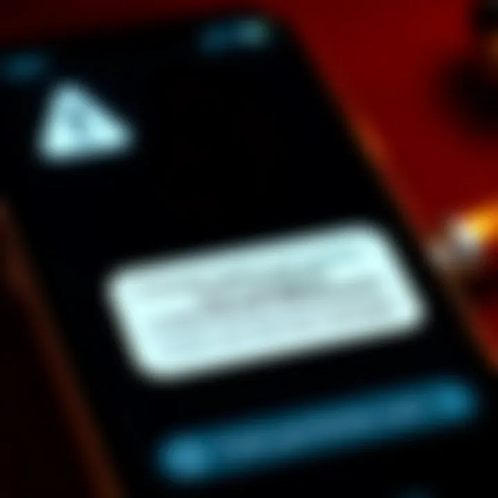 A screenshot of a suspicious text message warning about unauthorized withdrawals, with a phone and alert symbols