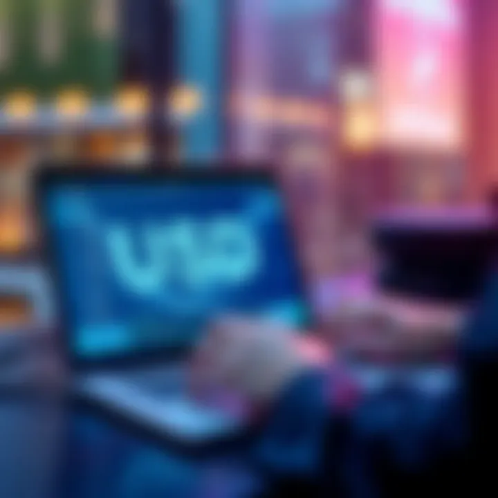 A person using a laptop to swap USDC on a decentralized platform, showcasing digital assets and currency exchange without KYC requirements.