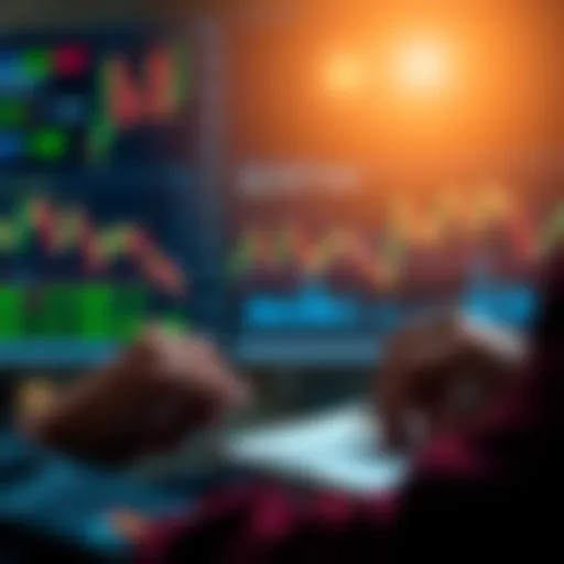 A person analyzing stock charts and graphs with a calculator and notepad, contemplating profit-taking decisions.