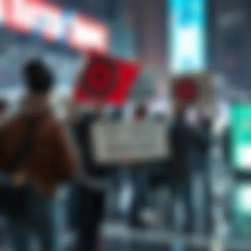A group of Target Warriors rallying together, holding signs and discussing strategies in a public space.