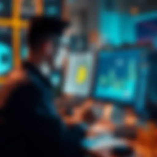 A person looking at a computer screen with tax documents and cryptocurrency symbols around them, representing tax filing for DeFi and NFTs.