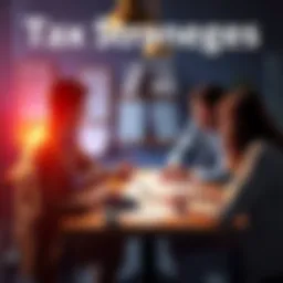 Group of people discussing tax strategies around a table with paperwork and calculator