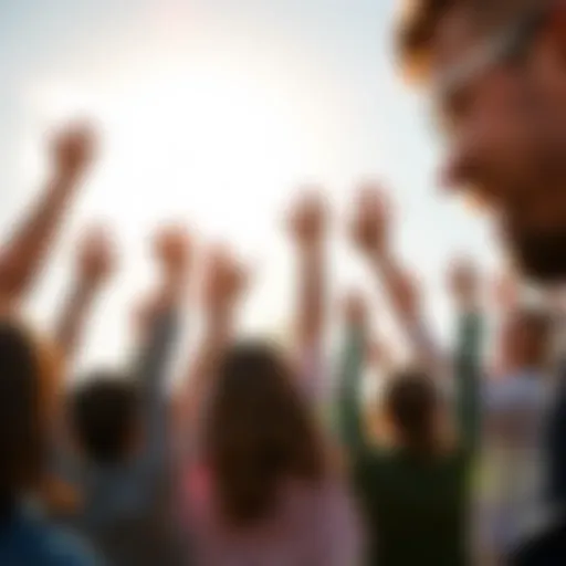 A diverse group of people celebrating with hands raised in a sunny outdoor setting, symbolizing growth and achievement.