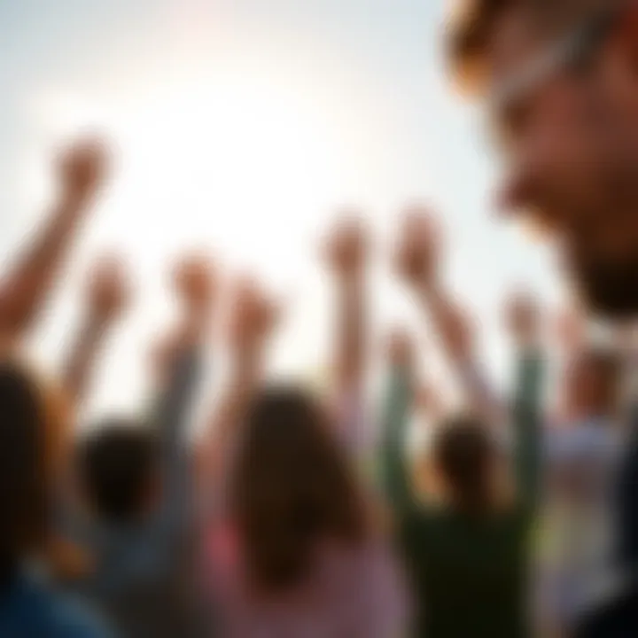 A diverse group of people celebrating with hands raised in a sunny outdoor setting, symbolizing growth and achievement.