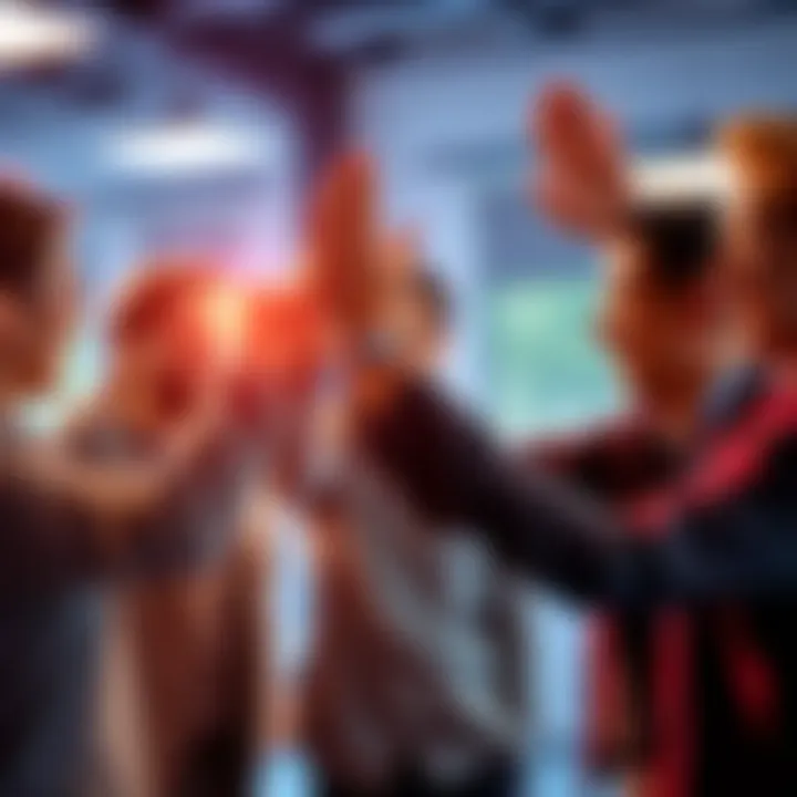 A group of people celebrating successful project milestones with smiles and high-fives.