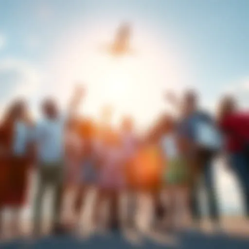 A diverse team of people standing together with excitement, looking forward to a bright sky with an airplane taking off in the background.