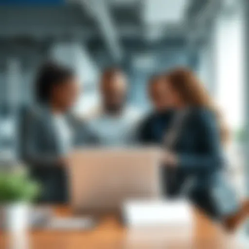 A group of diverse professionals discussing over a laptop in a modern office, representing a Florida startup looking for a tech co-founder in the ETH treasury space.