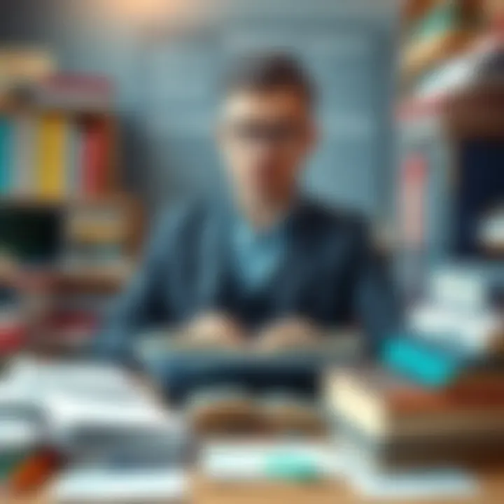 A tech founder surrounded by coding books and community engagement materials, looking stressed but determined