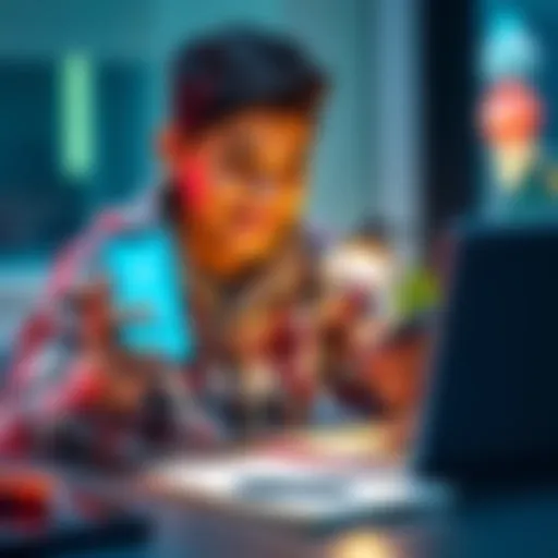 A teenager managing Bitcoin earnings on a smartphone with a Lightning wallet app open, smiling and looking satisfied while sitting at a desk with a laptop and notepad.