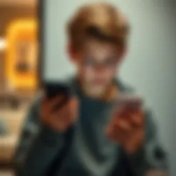 A 14-year-old boy looks at his smartphone with a concerned expression, reflecting on his loss in meme coins.
