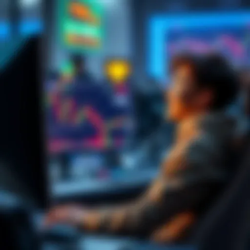 A young trader happily looking at his computer screen displaying cryptocurrency graphs and profits