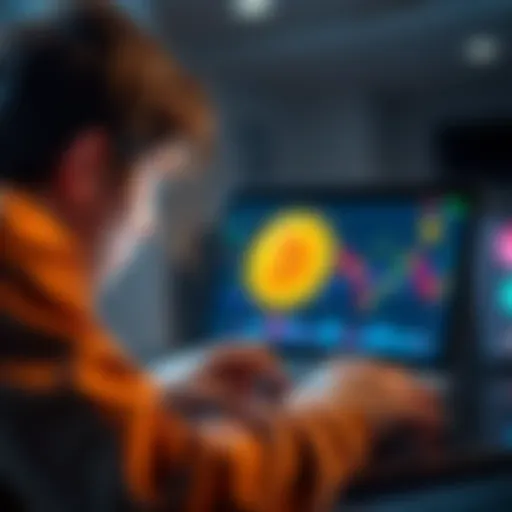 A young person looks at a laptop screen displaying Bitcoin graphics, contemplating whether to sell or hold, with charts and cryptocurrency symbols in view.