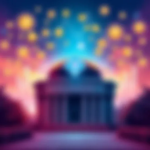 An illustration of the Telcoin Digital Asset Bank logo with a backdrop of digital currency symbols and a bank building.