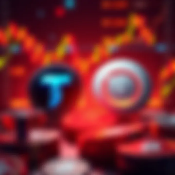 Tether and Circle logos with financial charts and currency symbols in the background, illustrating the impact of Fed reserves on their strategies.