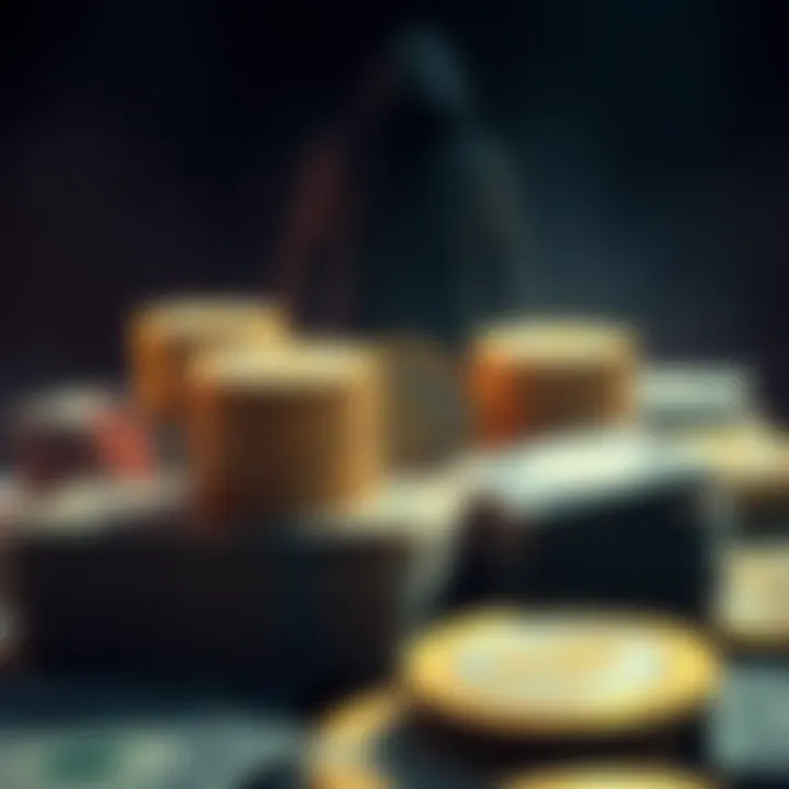A graphic showing Tether cryptocurrency coins with stacks of cash and a shadowy figure, illustrating its connection to money laundering activities.