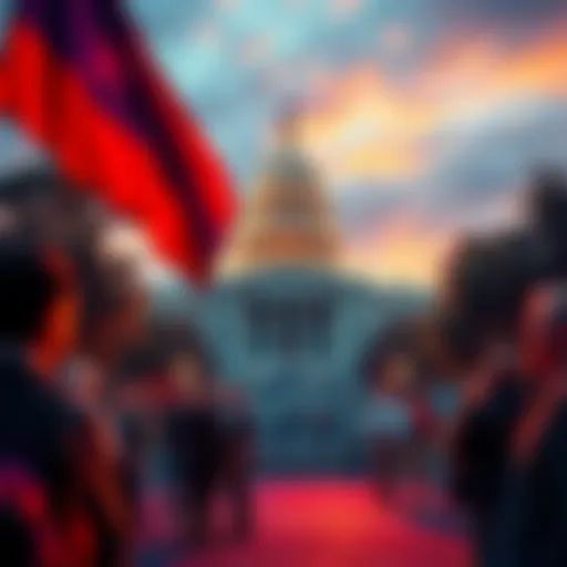 A Texas political scene showing the state capitol building with people discussing and debating