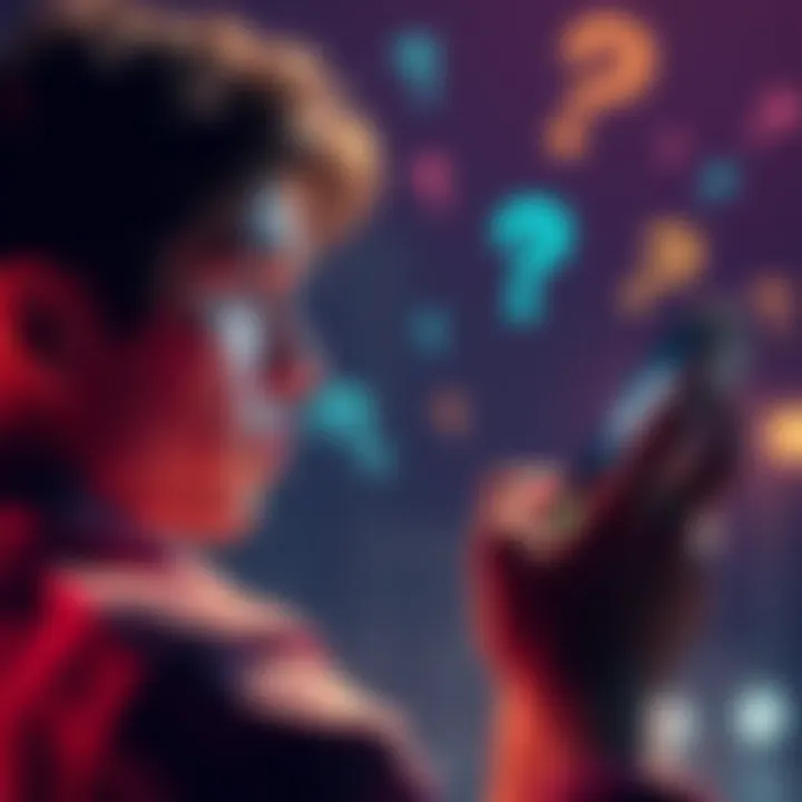 A person looking at a TikTok app on their phone with a confused expression, surrounded by question marks to symbolize uncertainty about reward requirements.